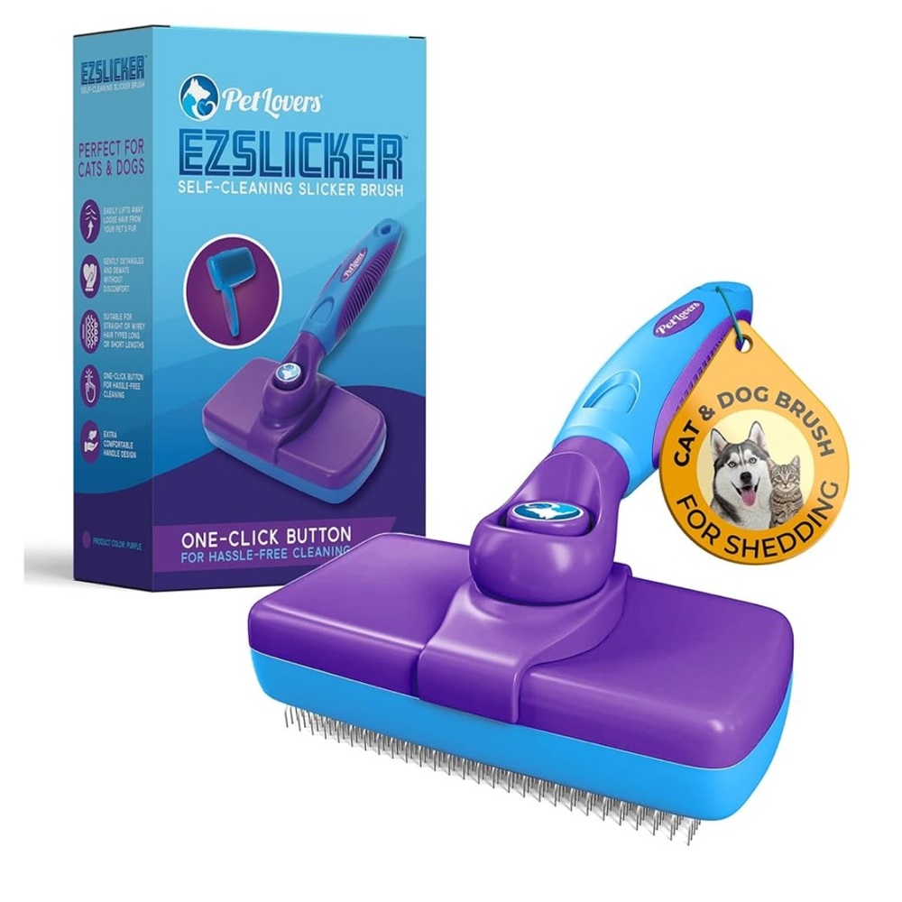 NEW PetLovers EzSlicker Self-Cleaning Brush Dog Cat Shedding Gentle Tangle-Free